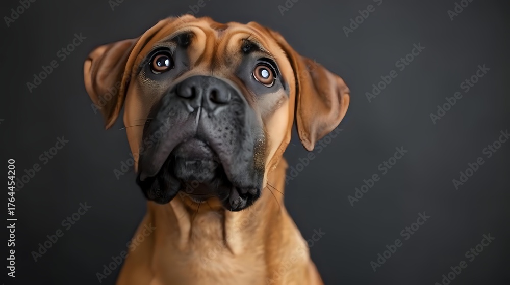 Obraz premium Close up portrait of brown Boerboel or South African Mastiff dog with wrinkled face and expressive eyes against dark background, looking up with attention.