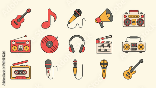 A collection of colorful flat icons representing musical instruments and audio equipment guitar note