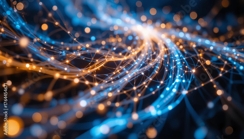 Flowing light patterns with interconnected nodes representing creative thinking and innovation