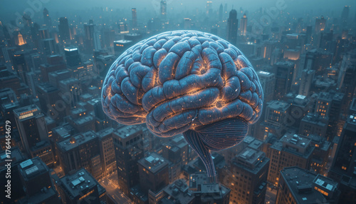 Brain architecture represented as a complex urban landscape with glowing windows symbolizing intelligence