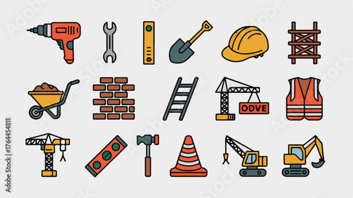Construction and Industrial Tools and Equipment Icons on a Light Gray Textured Background safety