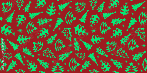 Vector christmas tree seamless pattern. Winter forest, pine trees and snowflakes Print for fabric, wrapping paper or wallpaper. Celebration new year pattern. Vector Christmas pattern