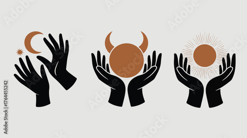 Three minimalist graphic illustrations of hands holding celestial and mystical symbols moon star