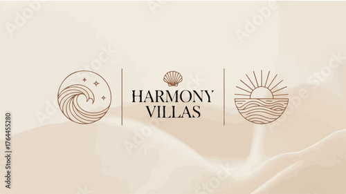Harmony Villas logo with wave, seashell, and sun icons on a textured beige background branding real estate