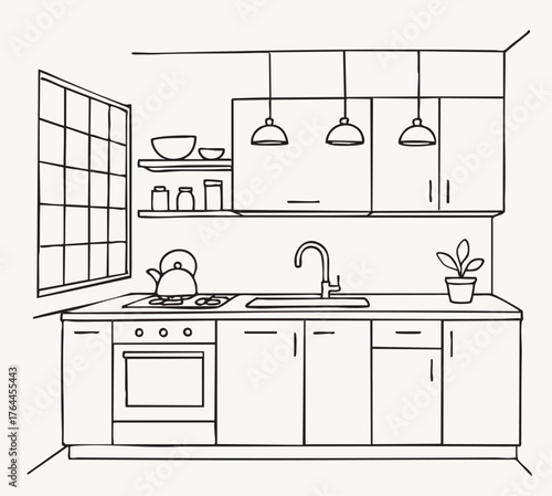 Kitchen interior sketch drawing with window, vector illustration