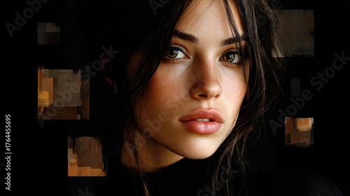 Woman in virtual chaos artwork captivates with her striking features and expressive gaze, blending beauty and creativity seamlessly