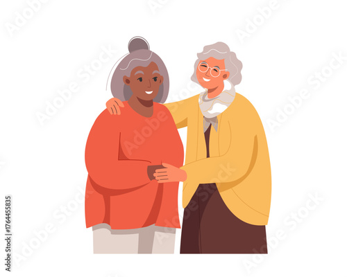 Two happy diverse senior women embracing and smiling. Cheerful elderly friends or retired women showing support and care. Interracial friendship and social connection concept. Flat vector illustration