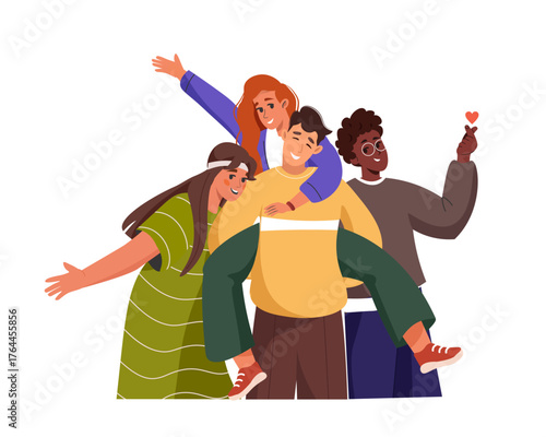 Happy people together. Friends hugging, male and female characters embrace, classmates embracing, cuddling, have fun. Support, friendship, teamwork concept. Flat vector illustrations isolated on white