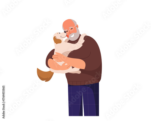 Happy senior man hugging his dog. Cheerful elderly person showing love and affection to pet. Human-animal bond, companionship, and pet therapy concept. Flat vector illustration