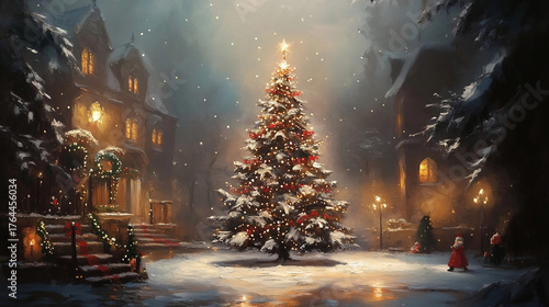 Beautiful snowy Christmas tree in a winter village oil painting 