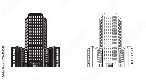 Vector art of two highrise buildings, one in solid black and the other in black outline style