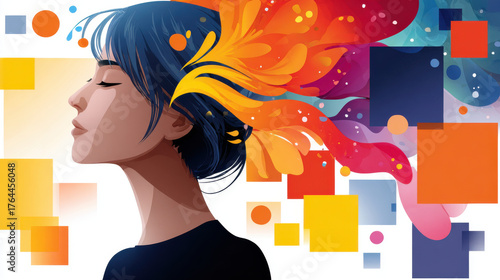 Woman in virtual chaos artwork expresses creativity and emotion through vibrant colors and abstract shapes, showcasing unique artistic vision