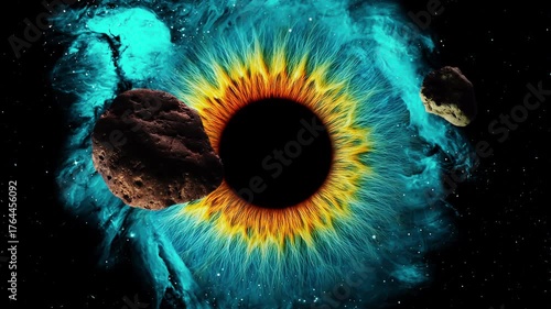 A rotating nebula shaped like a giant human eye with passing spinning asteroids against a starry sky with falling meteors. 4K video animation 60 fps.