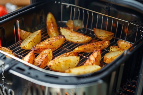 Potato wedges cooking in an air fryer, offering a healthier alternative to deep frying
