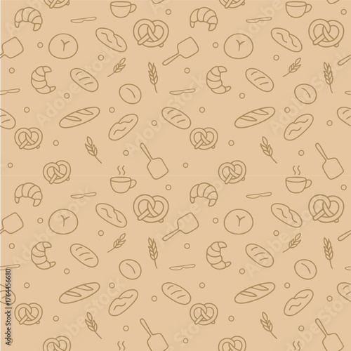 Seamless bakery pattern: croissants, baguettes, pretzels, coffee. Line art on a kraft background. Vector for bakery, packaging, menu, food industry, café.