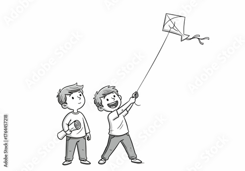 Vector art of two young boys flying a kite on a transparent background in a simple black and white drawing