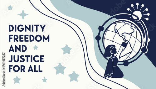 Dignity, Freedom, and Justice for All: A thought-provoking composition promoting global unity and human rights, with empowering visual elements. 