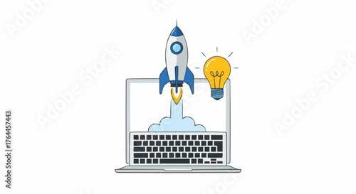 Illustration of a rocket launching from a laptop with a lightbulb on the side showing innovation