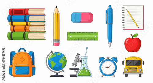 A colorful collection of school supplies including books, backpack, and scientific equipment displayed