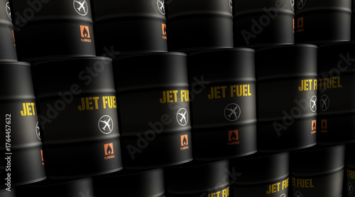 Jet fuel airplane oil barrels in row