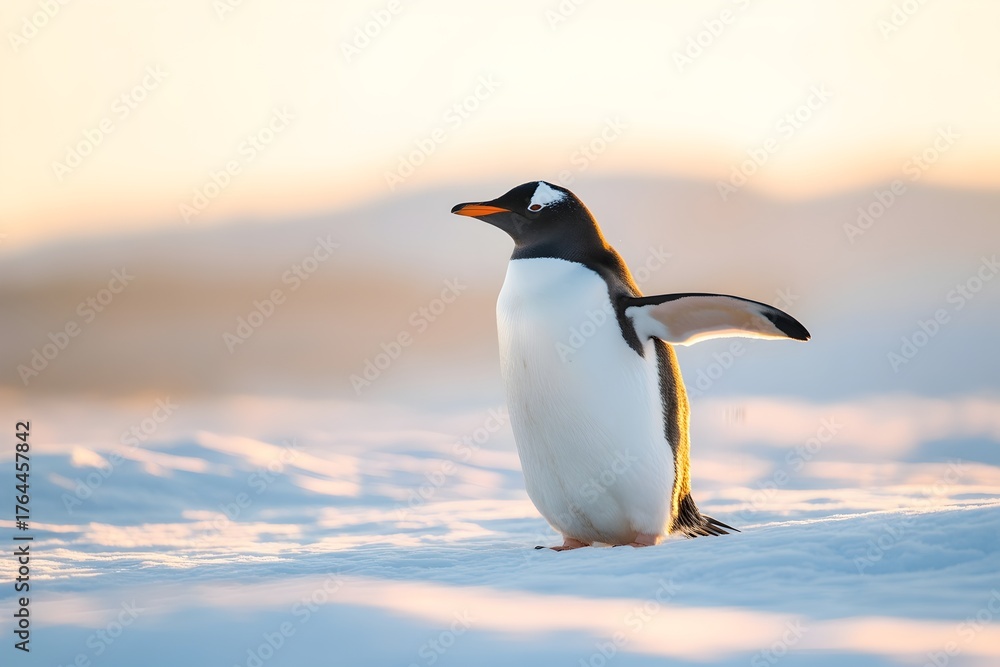 Naklejka premium Gentoo penguin standing on snow wings outstretched illuminated by golden light in Antarctica