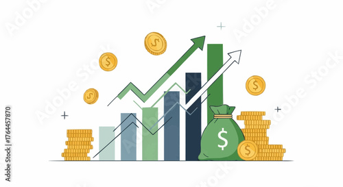 Illustration showing financial growth with bar graph, upward arrows, money bag, and gold coins scattered around