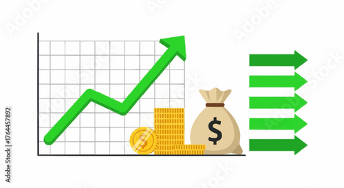Green upward trend line on graph with coins and a money bag indicating financial growth and success
