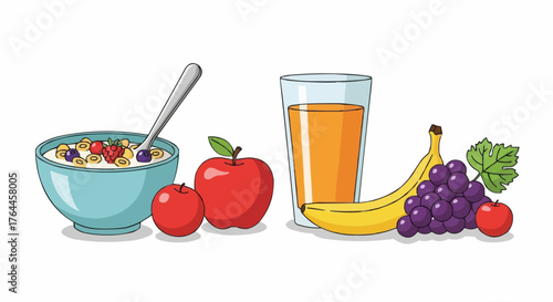Illustration of a healthy breakfast with cereal, fruit, and juice in a bright and cheerful style