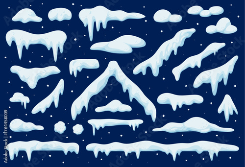 Cartoon winter vector snow caps and drifts, snowball and snowflakes. Christmas window, chimney or roof snowy ice piles, curved snow blanket isolated on dark blue background. Winter snowy roof framing