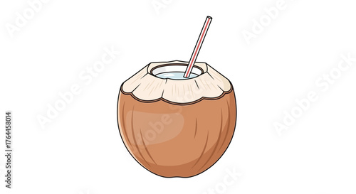 Illustration of a coconut with a straw, isolated on white.