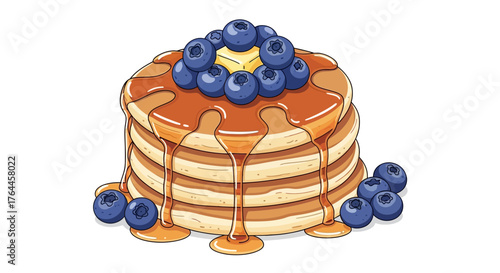 A delicious stack of fluffy pancakes topped with butter, fresh blueberries, and dripping maple syrup, isolated on a white background.