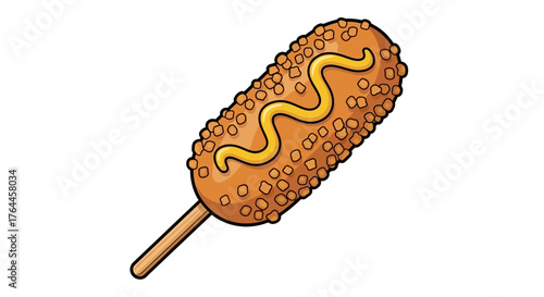 A cartoon illustration of a Korean corn dog on a wooden stick with mustard.