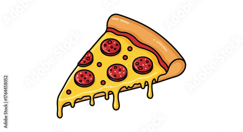 Cartoon illustration of a slice of pepperoni pizza with melting cheese and a golden crust.
