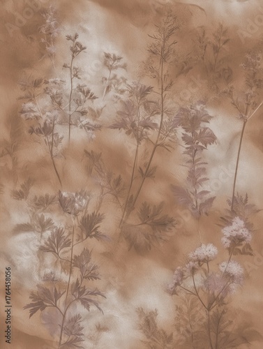 Delicate flowers and leaves on textured background creating a soft, natural pattern in warm brown tones