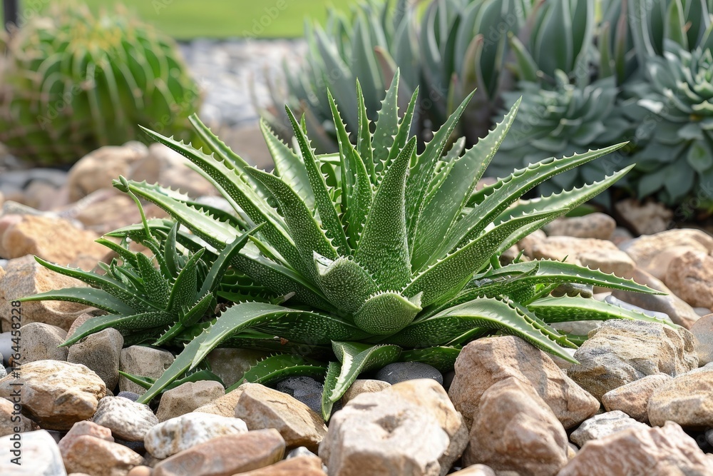 Fototapeta premium Aloe aristata growing in a rock garden with other succulents