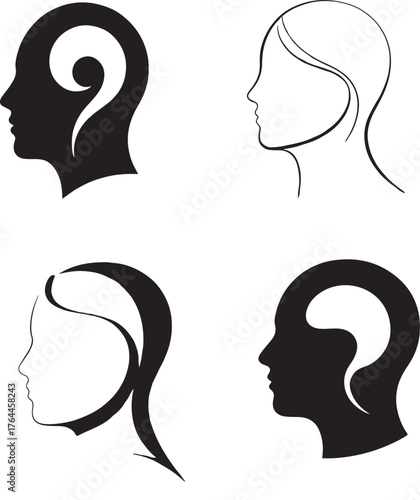 Vector graphic of four diverse female head profiles with flowing stylized hair designs