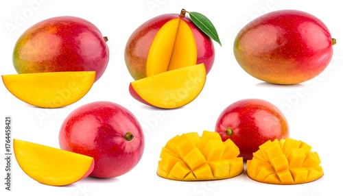 Collage of mangoes whole, sliced, cubed, showcasing vibrant colors and textures against a clean, white background