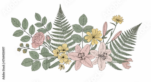 Elegant floral arrangement featuring roses, lilies, ferns, and delicate yellow blossoms design art