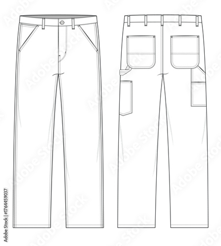 Oversized denim pant technical flat sketch vector mockup illustration.