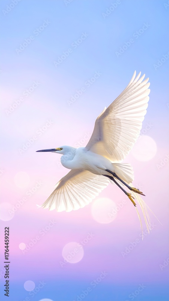 Fototapeta premium Elegant white egret soars, against the pastel sky