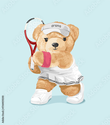 cute girly bear doll tennis player vector illustration - drawn by hand