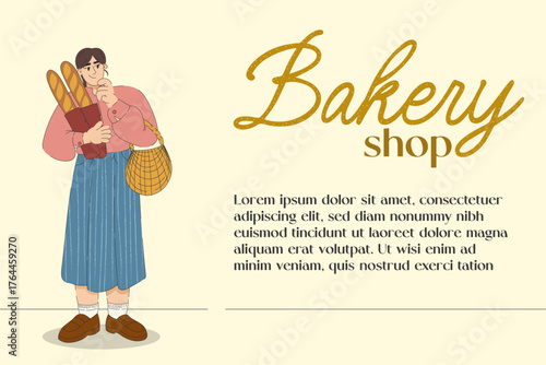 Bakery shop poster with woman holding baguettes and elegant typography