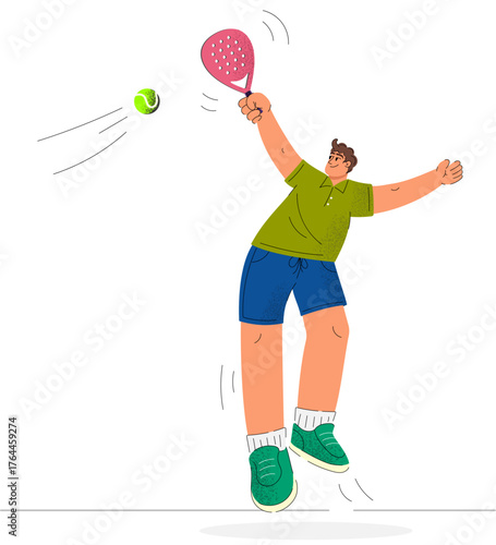 Male padel player jumping to hit ball with racket in flat modern design
