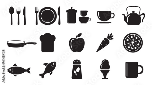 A diverse collection of kitchen and food themed icons for culinary design projects. set of kitchen icons