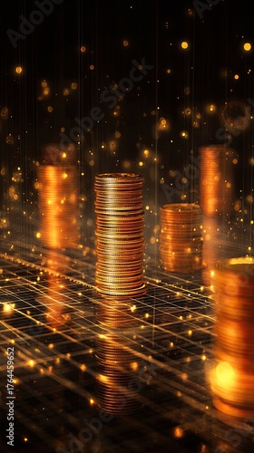 Financial success visualization with golden coin stacks rising on digital grid, symbol of wealth, business investment, cryptocurrency growth, and economic prosperity in luxury golden light and futuris