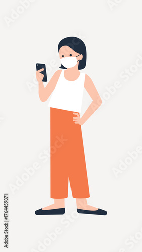 Woman video calling on phone, social distancing graphic vector