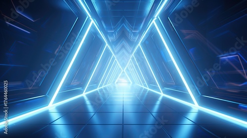 A Futuristic Neon Blue Triangular Tunnel with Reflective Floor and Walls