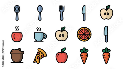 A collection of diverse kitchen and food themed icons for culinary design projects