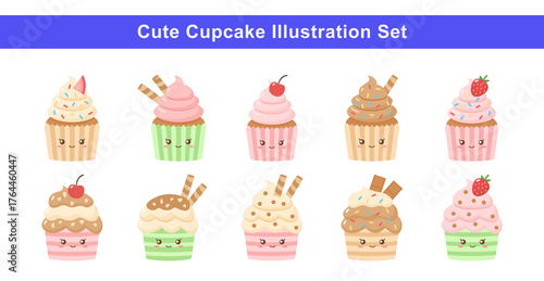 Cute Cupcake Set with Kawaii Faces Vector Illustration