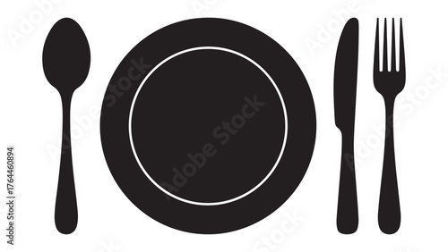 Plate, fork and knife icon in flat style. Food symbol isolated Plate icon. Flat vector illustration in black on white background. vector illustration